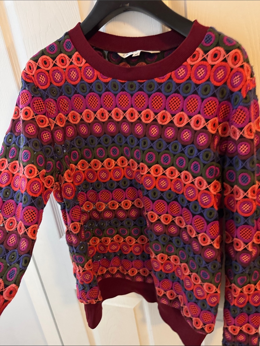 Trina Turk Burgundy and Multicolor Crochet Knit Top